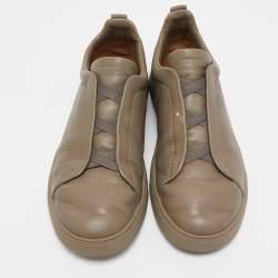 Pre Owned Ermenegildo Zegna Olive Green Leather Triple Stitch Slip On Sneakers Size 44.5