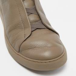 Pre Owned Ermenegildo Zegna Olive Green Leather Triple Stitch Slip On Sneakers Size 44.5