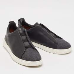 Pre Owned Ermenegildo Zegna Black Leather and Wool Triple Stitch Slip On Sneakers Size 43