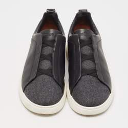 Pre Owned Ermenegildo Zegna Black Leather and Wool Triple Stitch Slip On Sneakers Size 43