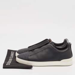 Pre Owned Ermenegildo Zegna Black Leather and Wool Triple Stitch Slip On Sneakers Size 43