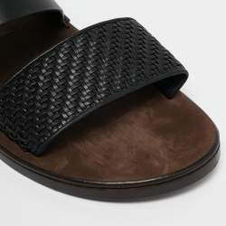 Pre Owned Ermenegildo Zegna Black Woven Leather Strap Flat Sandals Size 39