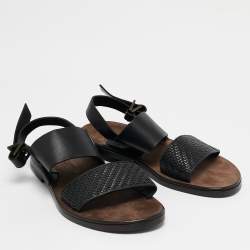 Pre Owned Ermenegildo Zegna Black Woven Leather Strap Flat Sandals Size 39