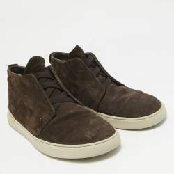 Ermenegildo Zegna Brown Suede Triple Stitch High Top Sneakers Size 43.5