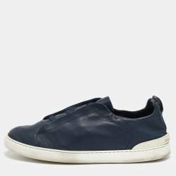 Pre Owned Ermenegildo Zegna Navy Blue Leather Triple stitch Slip On Sneakers Size 44
