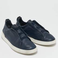 Pre Owned Ermenegildo Zegna Navy Blue Leather Triple stitch Slip On Sneakers Size 44