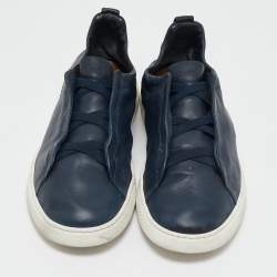 Pre Owned Ermenegildo Zegna Navy Blue Leather Triple stitch Slip On Sneakers Size 44