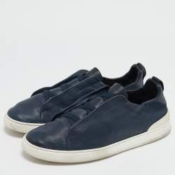 Pre Owned Ermenegildo Zegna Navy Blue Leather Triple stitch Slip On Sneakers Size 44