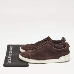 Pre Owned Ermenegildo Zegna Dark Brown Suede Triple Stitch Slip On Sneakers Size 45