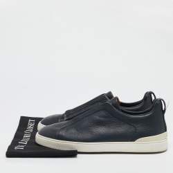 Ermenegildo Zegna Navy Blue Leather Triple Stitch Slip On Sneakers Size 41