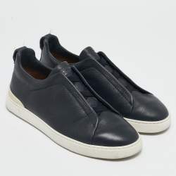 Ermenegildo Zegna Navy Blue Leather Triple Stitch Slip On Sneakers Size 41