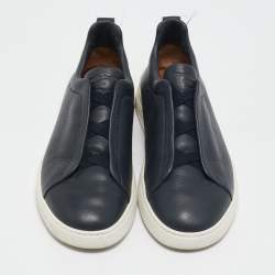 Ermenegildo Zegna Navy Blue Leather Triple Stitch Slip On Sneakers Size 41