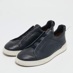Ermenegildo Zegna Navy Blue Leather Triple Stitch Slip On Sneakers Size 41