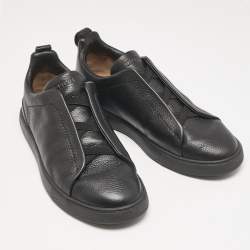 Pre Owned Ermenegildo Zegna Black Leather Triple Stitch Slip On Sneakers Size 42.5