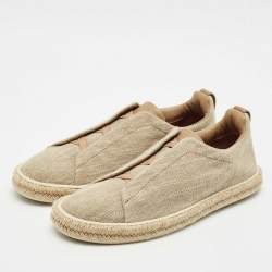 Ermenegildo Zegna Beige Canvas and Leather Triple Stitch Slip On Sneakers Size 45.5