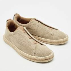 Ermenegildo Zegna Beige Canvas and Leather Triple Stitch Slip On Sneakers Size 45.5