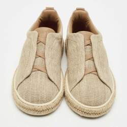 Ermenegildo Zegna Beige Canvas and Leather Triple Stitch Slip On Sneakers Size 45.5