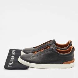 Pre Owned Ermenegildo Zegna Black Leather triple stitch Slip On Sneakers Size 45