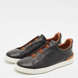 Pre Owned Ermenegildo Zegna Black Leather triple stitch Slip On Sneakers Size 45