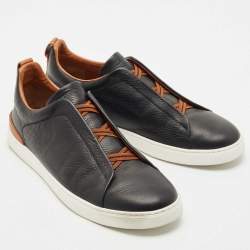 Pre Owned Ermenegildo Zegna Black Leather triple stitch Slip On Sneakers Size 45