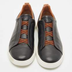 Pre Owned Ermenegildo Zegna Black Leather triple stitch Slip On Sneakers Size 45