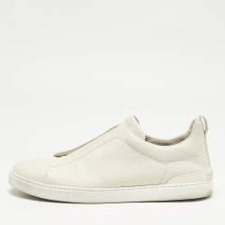 Pre Owned Ermenegildo Zegna Cream Leather triple stitch Slip On Sneakers Size 45