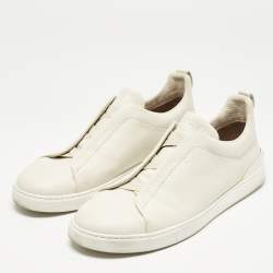 Pre Owned Ermenegildo Zegna Cream Leather triple stitch Slip On Sneakers Size 45