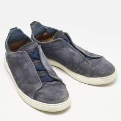 Ermenegildo Zegna Navy Blue Suede Triple Stitch Slip On Sneakers Size 42.5