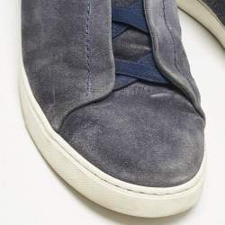 Ermenegildo Zegna Navy Blue Suede Triple Stitch Slip On Sneakers Size 42.5