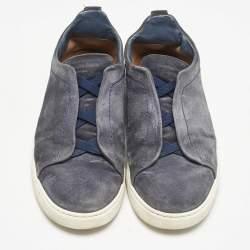 Ermenegildo Zegna Navy Blue Suede Triple Stitch Slip On Sneakers Size 42.5