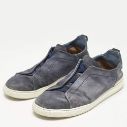 Ermenegildo Zegna Navy Blue Suede Triple Stitch Slip On Sneakers Size 42.5
