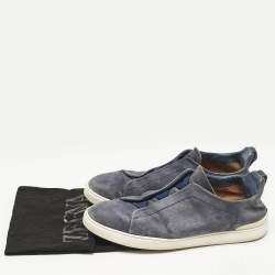Ermenegildo Zegna Navy Blue Suede Triple Stitch Slip On Sneakers Size 42.5