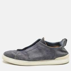 Ermenegildo Zegna Navy Blue Suede Triple Stitch Slip On Sneakers Size 42.5