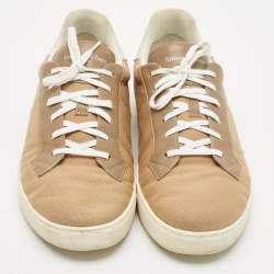 Pre Owned Ermenegildo Zegna Camel Brown/White Canvas and Leather Low Top Sneakers Size 43.5
