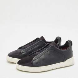 Pre Owned Ermenegildo Zegna Navy Blue Suede and Leather Triple Stitch Sneakers Size 40.5