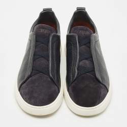 Pre Owned Ermenegildo Zegna Navy Blue Suede and Leather Triple Stitch Sneakers Size 40.5