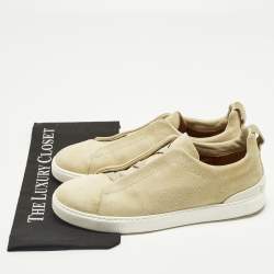 Pre Owned Ermenegildo Zegna Triple Stitch Size 42 Beige Suede Low Top Sneakers