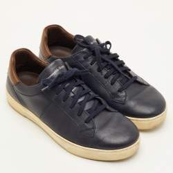 Pre Owned Ermenegildo Zegna Size 41 Navy Blue/Dark Brown Leather Low Top Sneakers