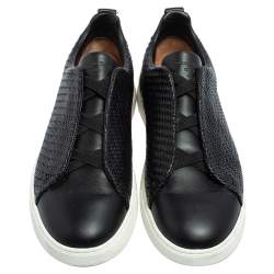  مملوكة مسبقًا Ermenegildo Zegna Couture Black Woven Leather Pelle Tessuta Slip On Sneakers Size 43