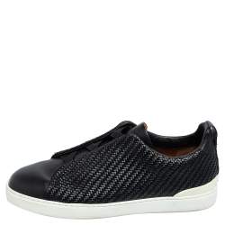 مملوكة مسبقًا Ermenegildo Zegna Couture Black Woven Leather Pelle Tessuta Slip On Sneakers Size 43