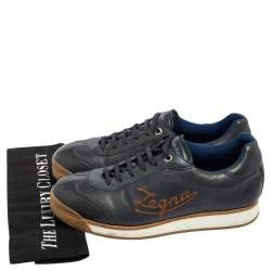 Pre Owned حذاء رياضي إرمنيجيلدو زينيا جلد أزرق كحلي برباط مقاس 42.5