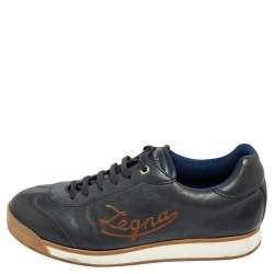 Pre Owned حذاء رياضي إرمنيجيلدو زينيا جلد أزرق كحلي برباط مقاس 42.5