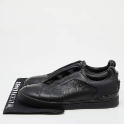 مملوكة مسبقًا Ermenegildo Zegna Black Leather Triple Stitch Slip On Sneakers Size 43