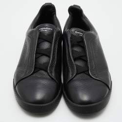 مملوكة مسبقًا Ermenegildo Zegna Black Leather Triple Stitch Slip On Sneakers Size 43