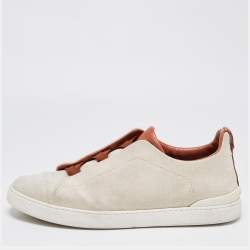Ermenegildo Zegna Beige/Brown Canvas and Leather Triple Stitch Sneakers Size 44