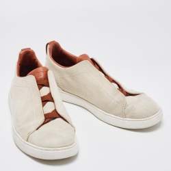Ermenegildo Zegna Beige/Brown Canvas and Leather Triple Stitch Sneakers Size 44