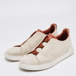 Ermenegildo Zegna Beige/Brown Canvas and Leather Triple Stitch Sneakers Size 44