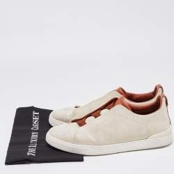 Ermenegildo Zegna Beige/Brown Canvas and Leather Triple Stitch Sneakers Size 44
