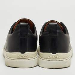 Pre Owned Ermenegildo Zegna Black Leather and Felt Triple Stitch Sneakers Size 43.5