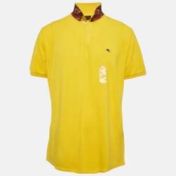 Pre Owned Etro Yellow Cotton Pique Printed Collar Polo T-Shirt XXL